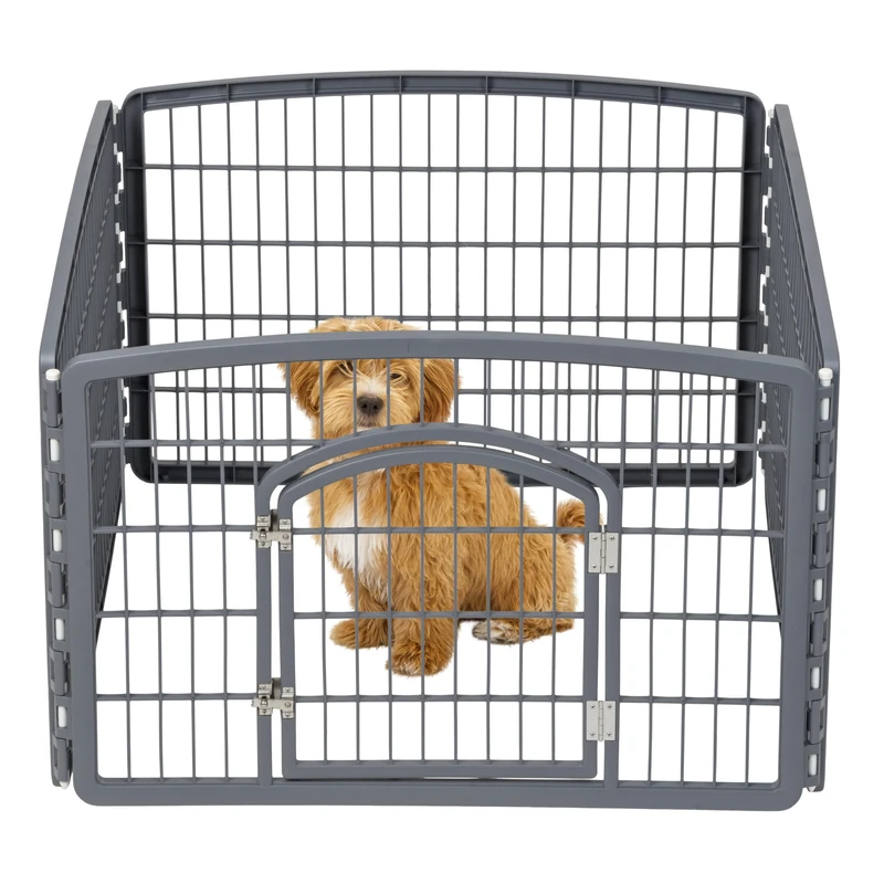 IRIS USA 24" Exercise 4-Panel Pet Playpen with Door, Dog Playpen, Puppy Playpen, Small and Medium Dogs, Keep Pets Secure, Easy Assemble, Rust-Free, Heavy-Duty Molded Plastic, Customizable, Gray