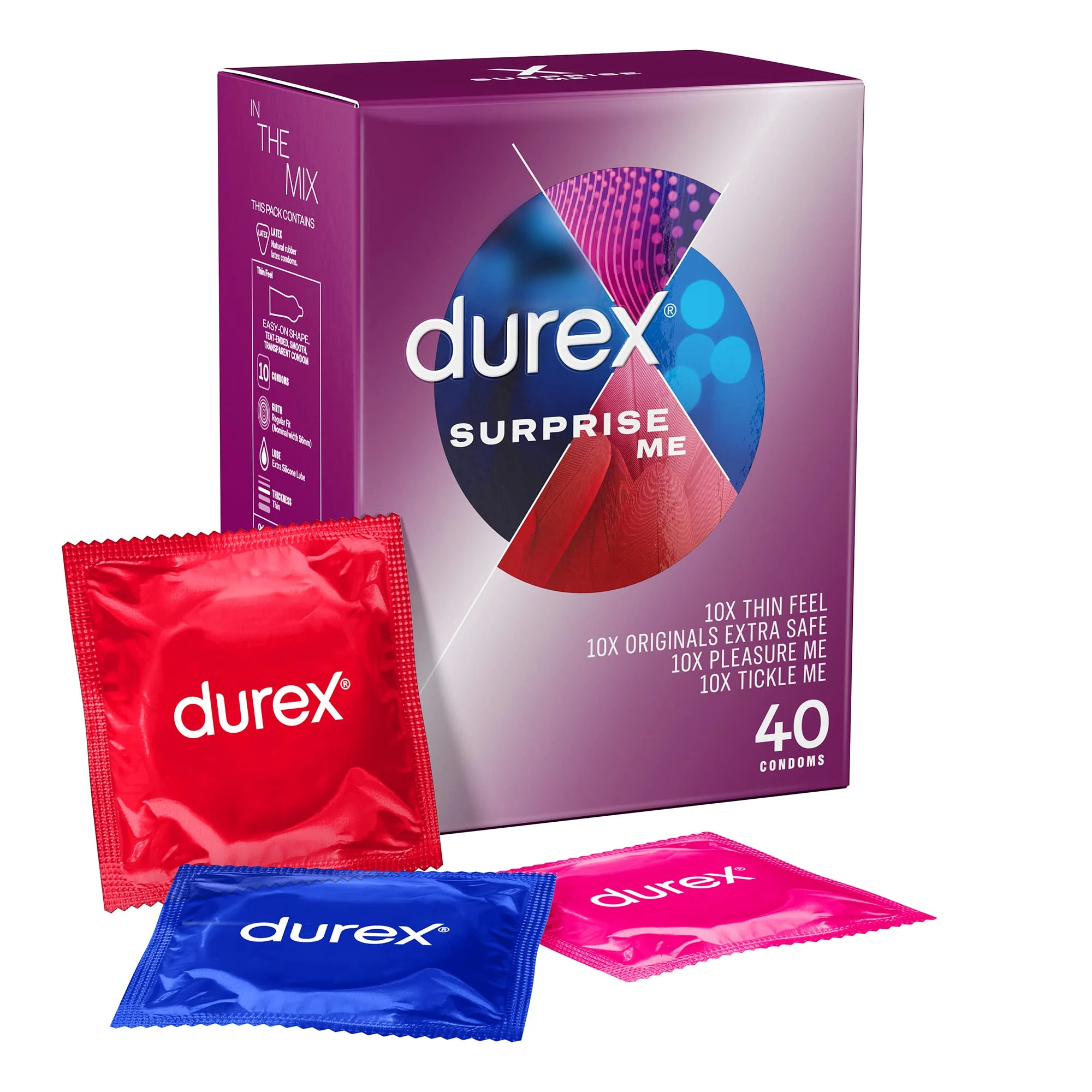 Durex Surprise Me Variety Pack, 40 Condoms, Thin feel, Extra Safe, Pleasure Me, Tickle Me, With Silicone Lube, Condoms Bulk for men, Regular Fit, Ribbed and Dotted, Easy on Shape, Teat Ended