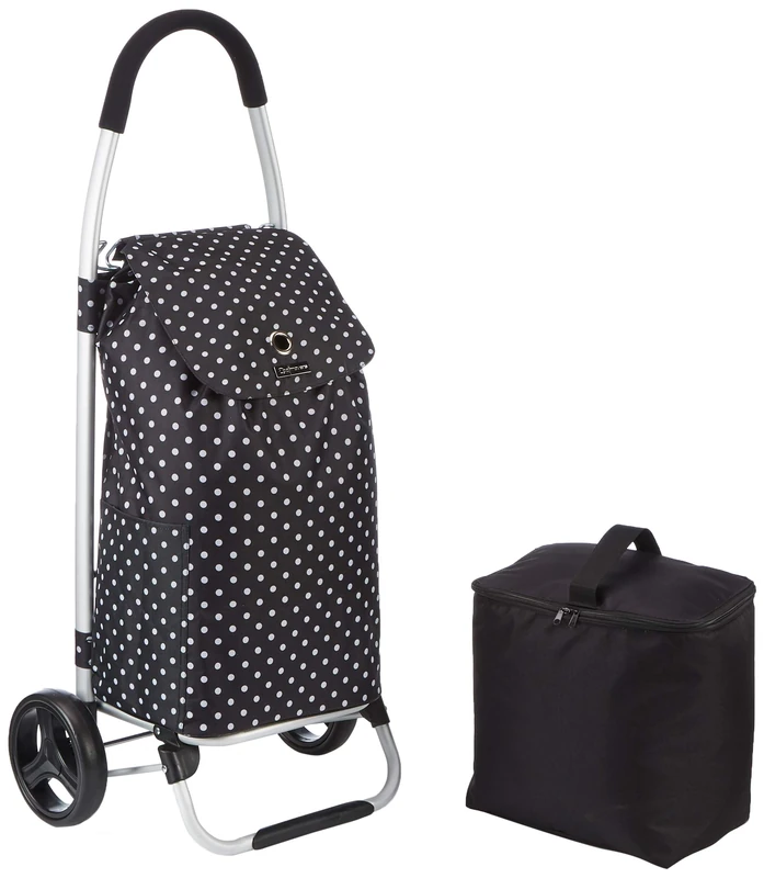 KitchenCraft Foldable Shopping Trolley on Wheels with Removable Cool Bag for Frozen Foods, Robust Metal and Showerproof Polyester, 45 x 33 x 1 cm, Black Polka Dot Print