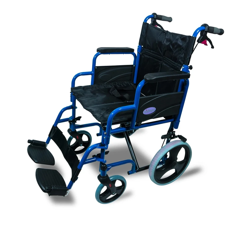 Aidapt Folding Lightweight Attendant Propelled Steel Wheelchair With 18" Seat, Twin Brakes, Lap Strap, Padded Upholstery, Removable Foot Rests and Side Panels for Privacy. Indoors and Outside
