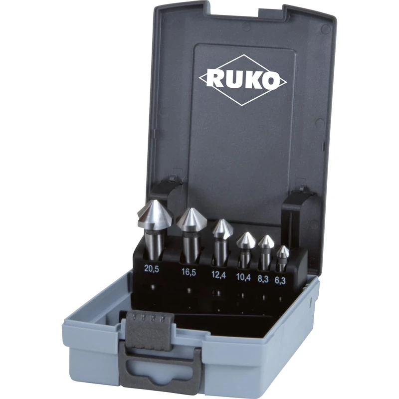 RUKO HSS Taper and Deburring Counter Sinker Set in Plastic Case, Din 335, Type C, 90 Degree, Bright Finish, 6 Pieces, R102152RO