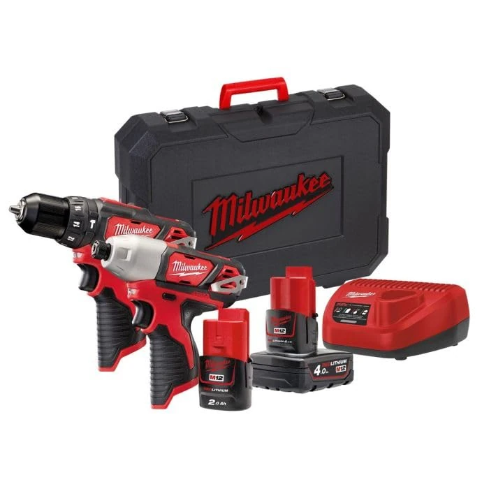 Milwaukee M12BPP2B-421C M12 Twin Pack (M12BPD, M12BID, 1 x 2.0ah Battery, 1 x 4.0ah Battery, Charger, BMC)