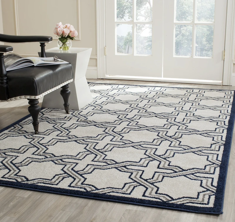 Safavieh Geometric Indoor/Outdoor Woven Rectangle Area Rug, Amherst Collection, AMT413, in Ivory / Navy, 152 X 244 cm for Garden, Patio or Any Outdoor Space