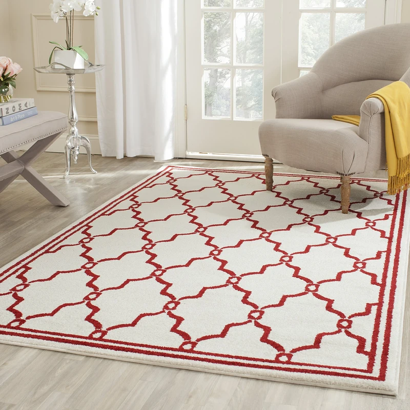 Safavieh Trellis Indoor/Outdoor Woven Rectangle Area Rug, Amherst Collection, AMT414, in Ivory / Red, 152 X 244 cm for Garden, Patio or Any Outdoor Space