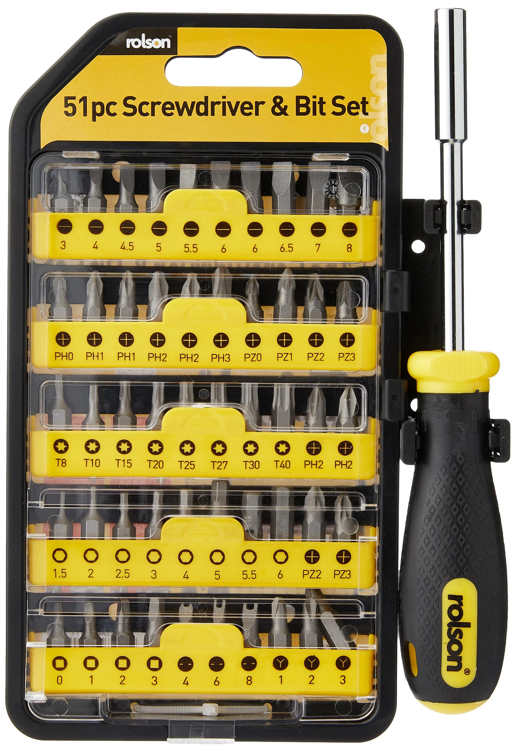 Rolson 51 pc Screwdriver & Bit Set (Chrome Vanadium Steel, Square, Hex, Pozidriv, Tri-winged, Stainless Steel Tweezers)