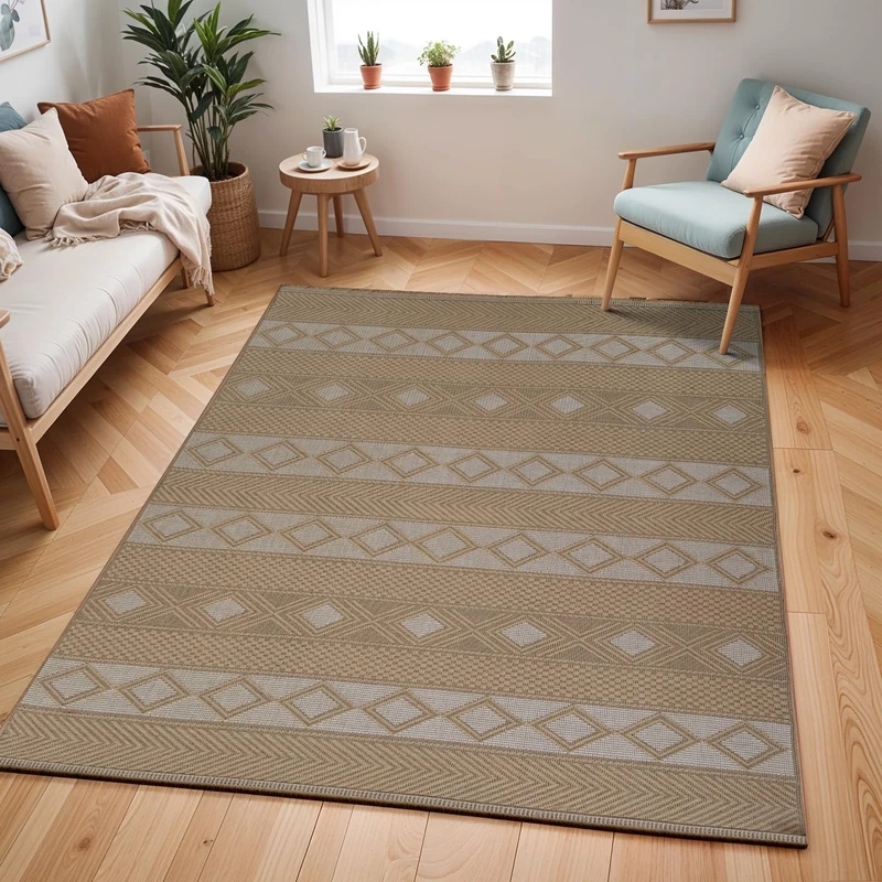 Livabliss Caria Machine Washable Rug - Geometric Jute Area Rugs Living Room, Large Rug 198x275 cm - Traditional Boho Style, Dining Room, Kitchen, Outdoor, Hallway - Tan, Beige and Cream