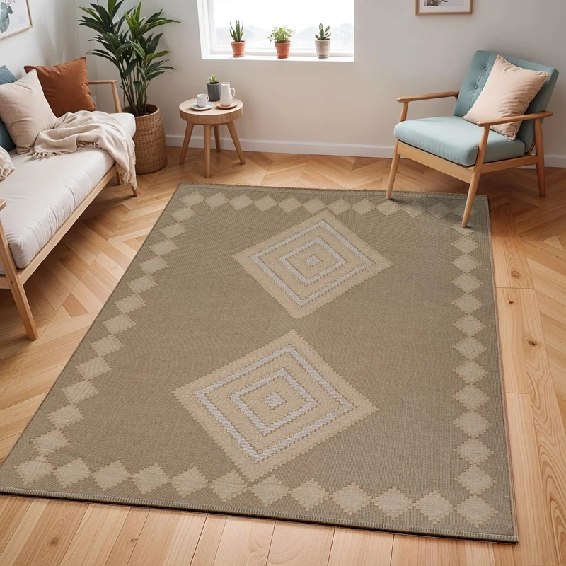 Livabliss Joppolo Machine Washable Rug - Geometric Jute Area Rugs Living Room, Large Rug 158x213 cm - Traditional Boho Style, Dining Room, Kitchen, Outdoor, Hallway - Tan, Beige and Cream