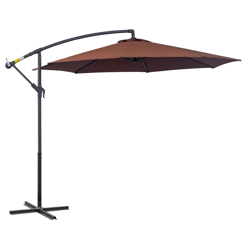 Outsunny 3(m) Garden Banana Parasol Hanging Cantilever Umbrella with Crank Handle and Cross Base for Outdoor, Sun Shade, Coffee