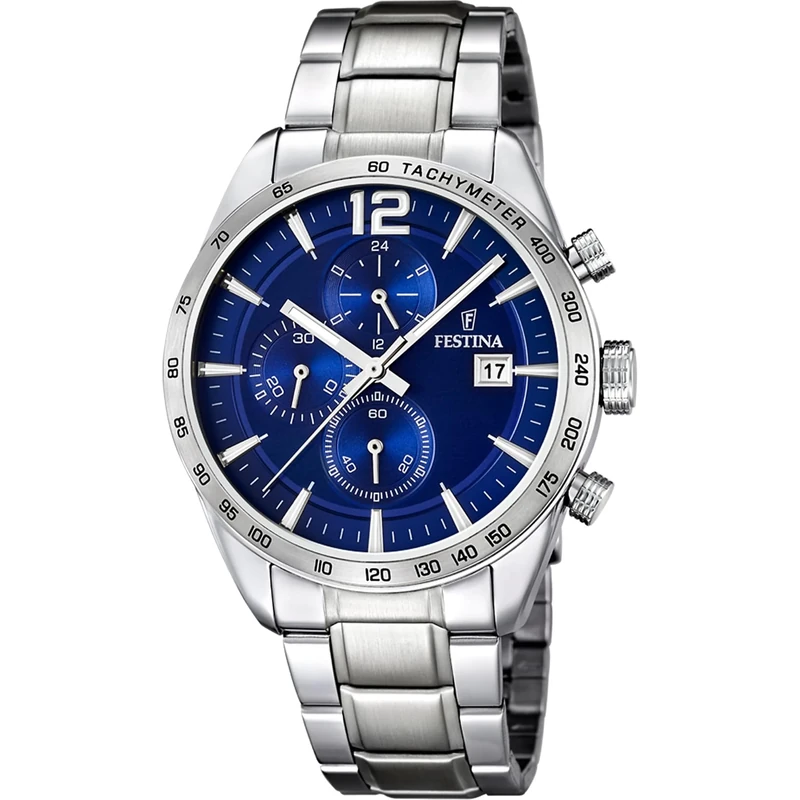 Festina Men's Quartz Watch with Blue Dial Chronograph Display and Silver Stainless Steel Bracelet F16759/3