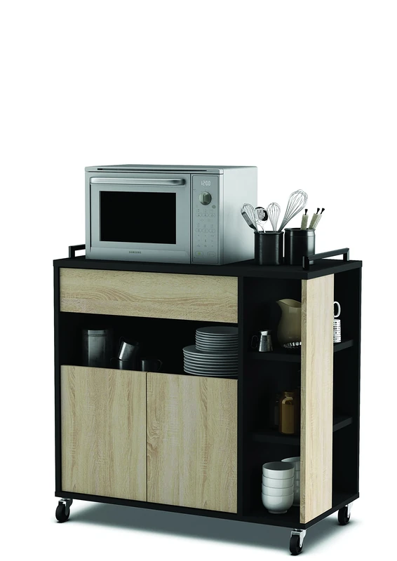 Demeyere 357283 "Indus" 2-Door 4-Nook 1-Tablet Micro Wave Cart, Wood, Gross Oak/Black