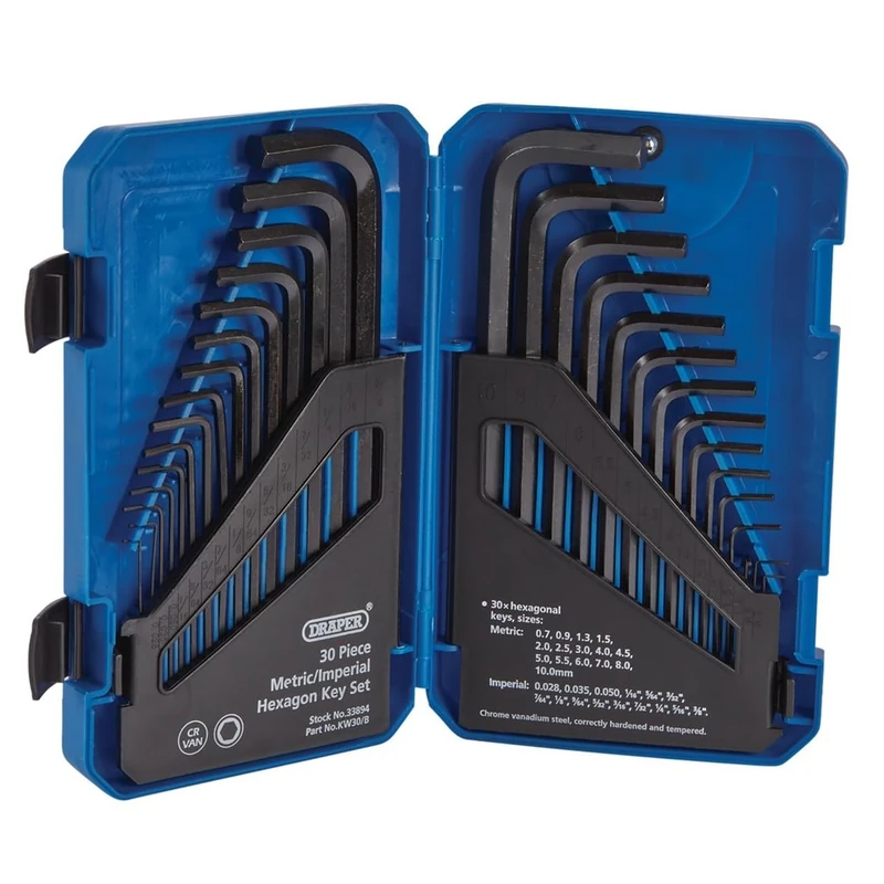Draper 30 Piece Hexagon Allen Key Set | Metric/Imperial Combined Long Pattern Hand Tools | Hex Key Wrench Kit | Long Arm Chrome Vanadium Steel Kit | Foldable Storage Case | 33894 - Image 1