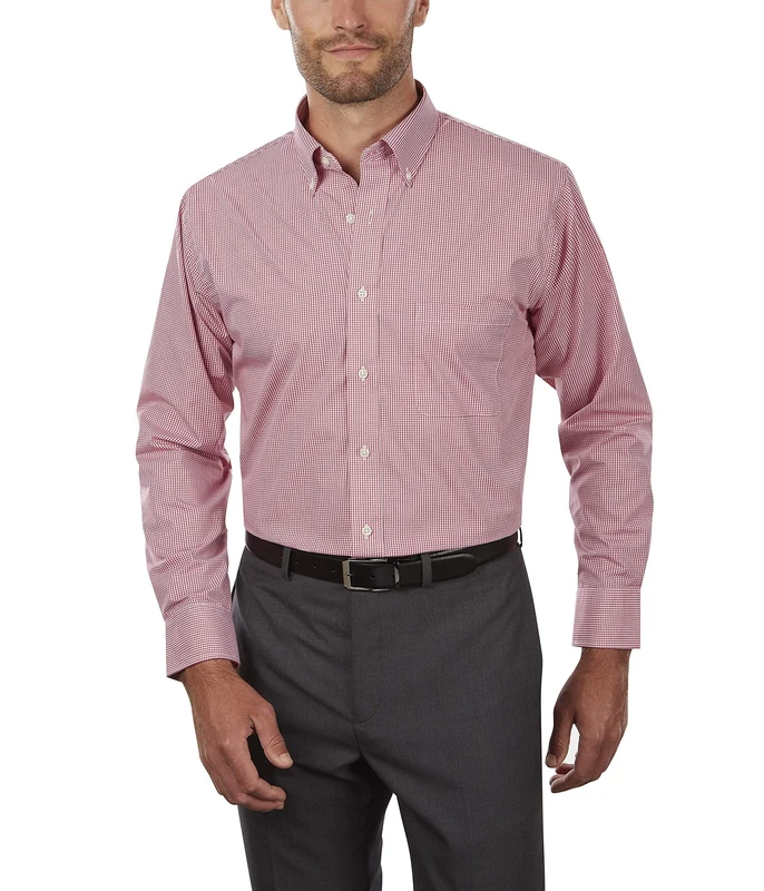 Van Heusen Men's Regular Fit Gingham Button Down Collar Dress Shirt, Red Henna, Large