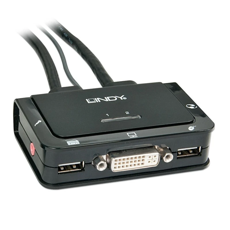 LINDY Compact 2 Port KVM Switch - DVI, USB 2.0 & Audio, Black