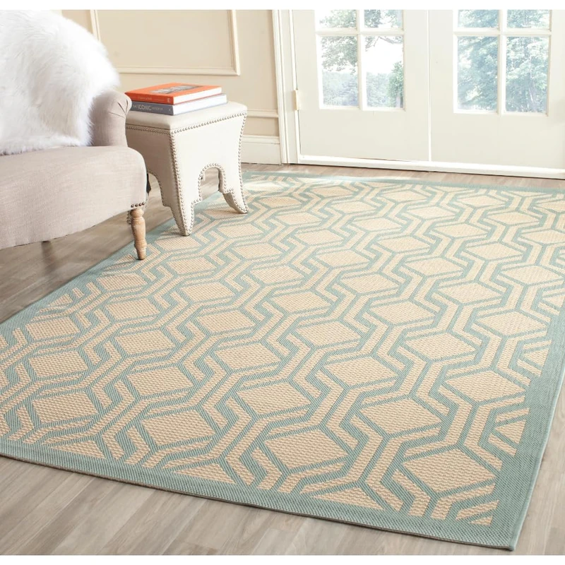 Safavieh Contemporary Indoor/Outdoor Woven Rectangle Area Rug, Courtyard Collection, CY6114, in Beige / Aqua, 122 X 170 cm for Garden, Patio or Any Outdoor Space