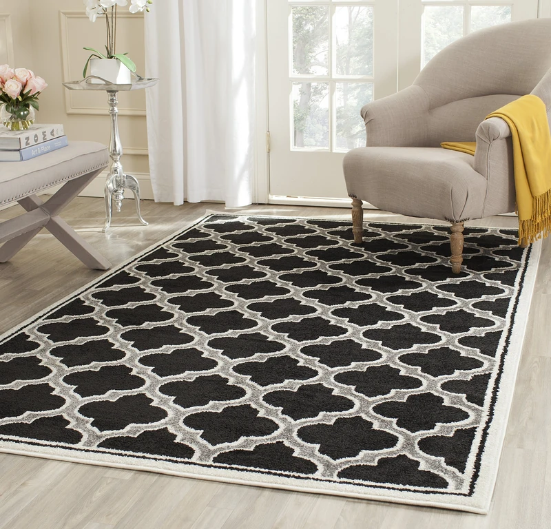 Safavieh Trellis Indoor/Outdoor Woven Rectangle Area Rug, Amherst Collection, AMT412, in Anthracite / Ivory, 91 X 152 cm for Garden, Patio or Any Outdoor Space