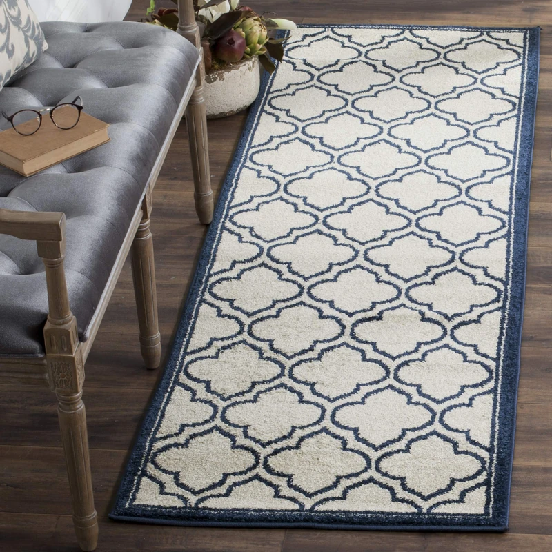 Safavieh Trellis Indoor/Outdoor Woven Runner Area Rug, Amherst Collection, AMT412, in Ivory / Navy, 69 X 213 cm for Garden, Patio or Any Outdoor Space