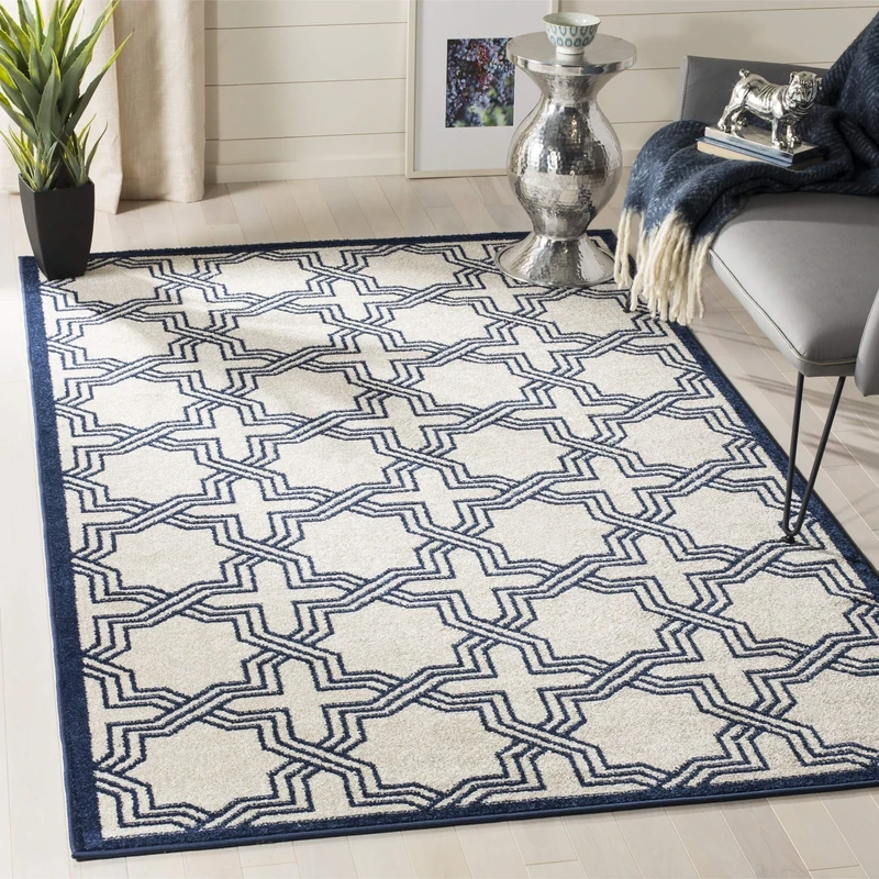 Safavieh Geometric Indoor/Outdoor Woven Rectangle Area Rug, Amherst Collection, AMT413, in Ivory / Navy, 91 X 152 cm for Garden, Patio or Any Outdoor Space