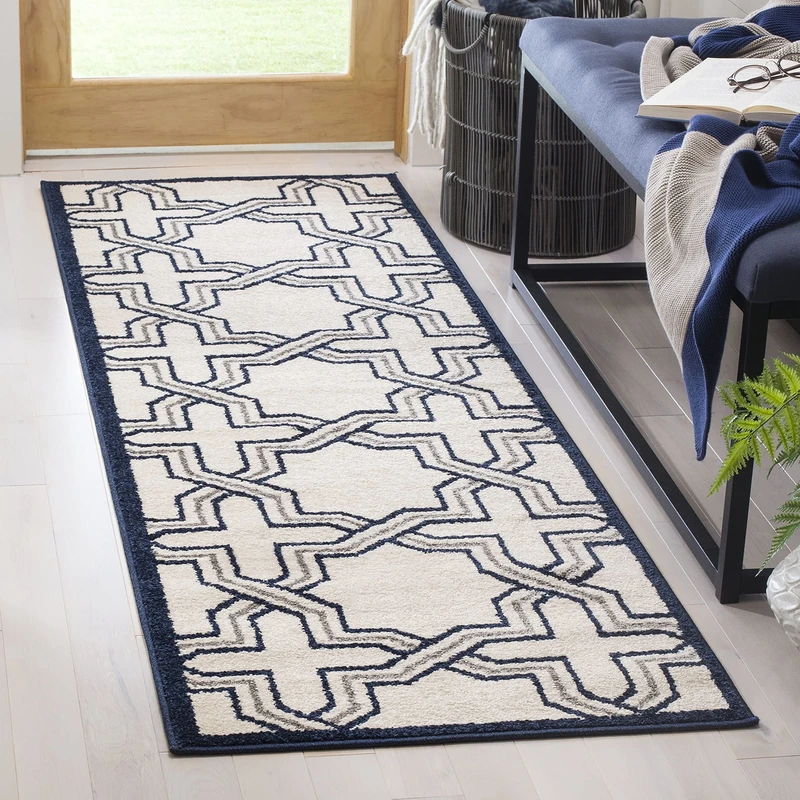 Safavieh Geometric Indoor/Outdoor Woven Runner Area Rug, Amherst Collection, AMT413, in Ivory / Navy, 69 X 213 cm for Garden, Patio or Any Outdoor Space