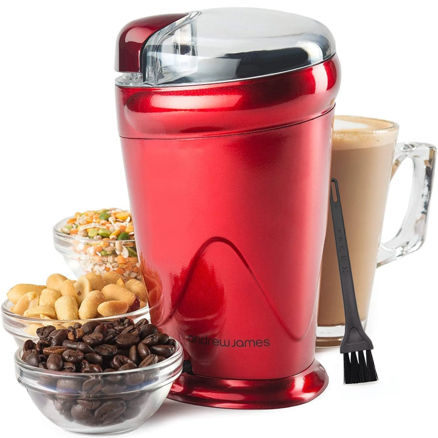 Andrew James Electric Coffee Grinder, Bean, Nut & Spice Grinder, Powerful Compact Grinder for Home Kitchen, One Touch Operation 150w with 70g Basin, Includes Cleaning Brush (Red)