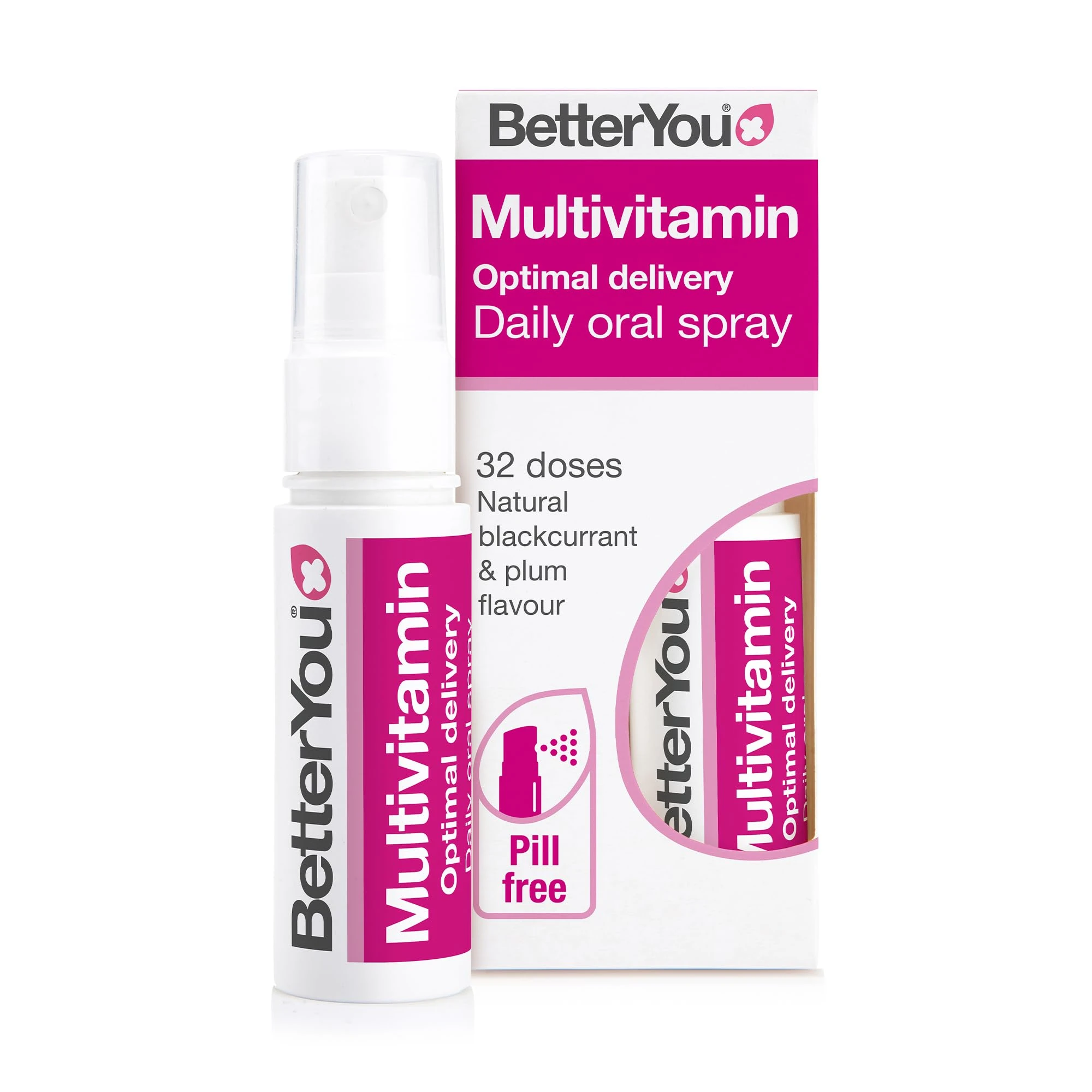 BetterYou MultiVit Daily Oral Spray, Pill-free Multi Vitamin Supplement, 14 Essential Nutrients to Support Health and Wellbeing , 1-month Supply, Natural Blackcurrent and Plum Flavour