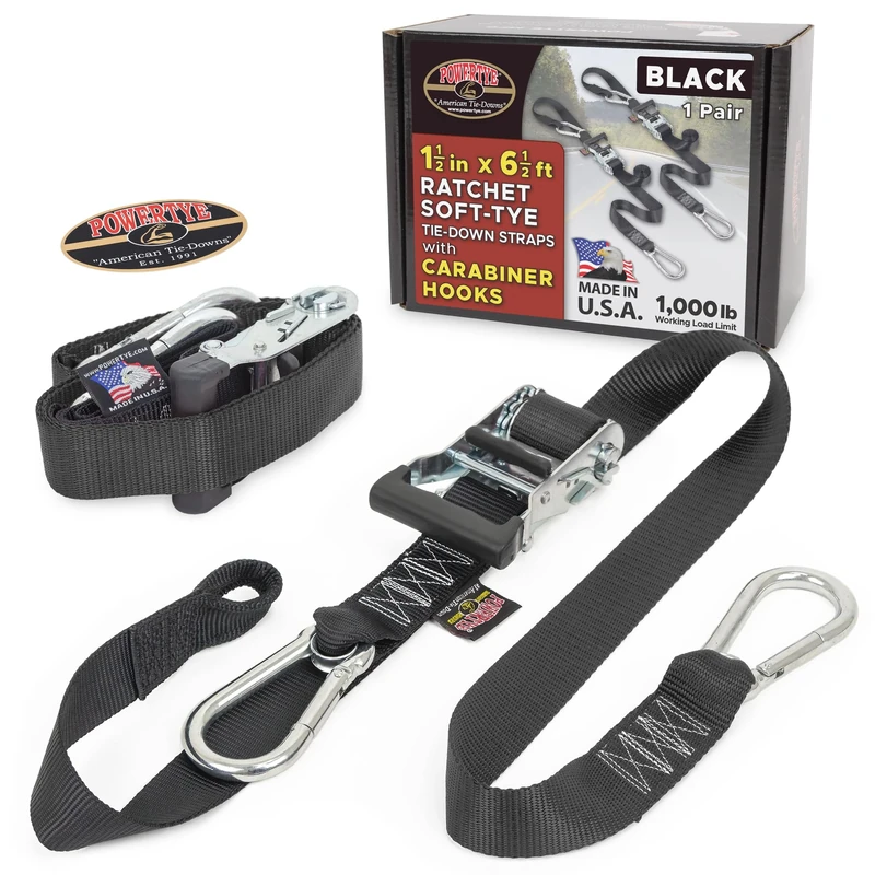 PowerTye 1.5in x 6.5ft Heavy Duty Ratchet Tie-Down Straps with Soft-Tye and Carabiner Hooks - 1,000 lb Working Load Limit / 3,000 lb Breaking Strength - Made in USA - Black/Black Pair