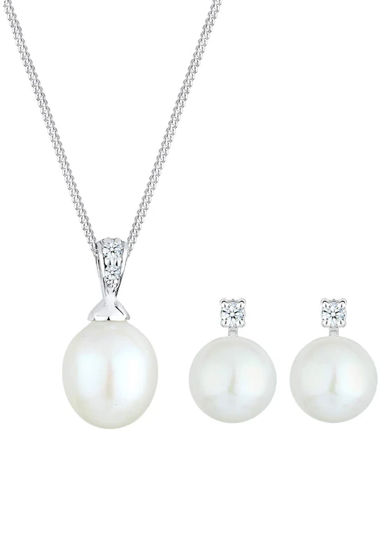 DIAMORE Elli DIAMONDS Jewellery Set Women Earstuds Freshwater Cultured Pearl with Diamond (0.10 ct.) in 925 Sterling Silver