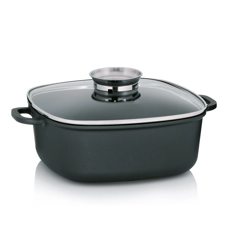 kela braising pan 28 x 28 cm, lid with Aroma knob, Induction Serving pan KERROS, cast Aluminium Coated, Paella pan with high Rim