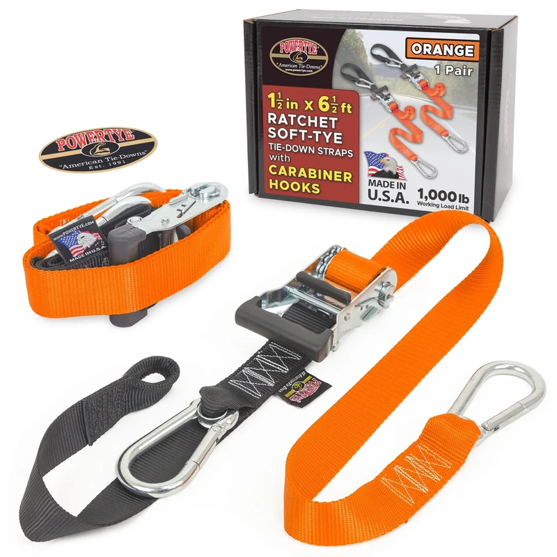 PowerTye 1.5in x 6.5ft Heavy Duty Ratchet Tie-Down Straps with Soft-Tye and Carabiner Hooks - 1,000 lb Working Load Limit / 3,000 lb Breaking Strength - Made in USA - Orange/Black Pair