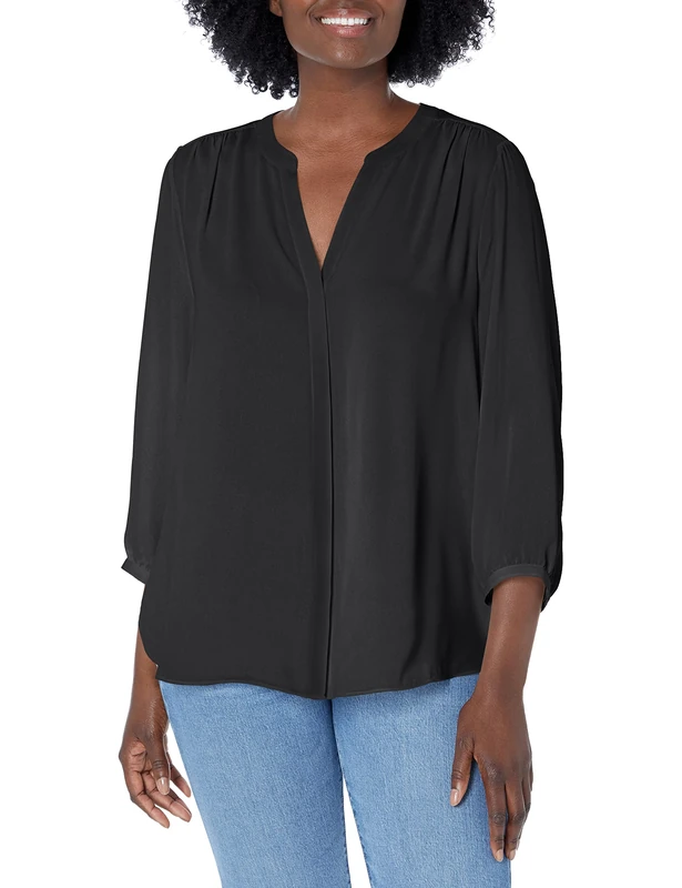 NYDJ Women's 3/4 Sleeve Pintuck Blouse, Black, Large
