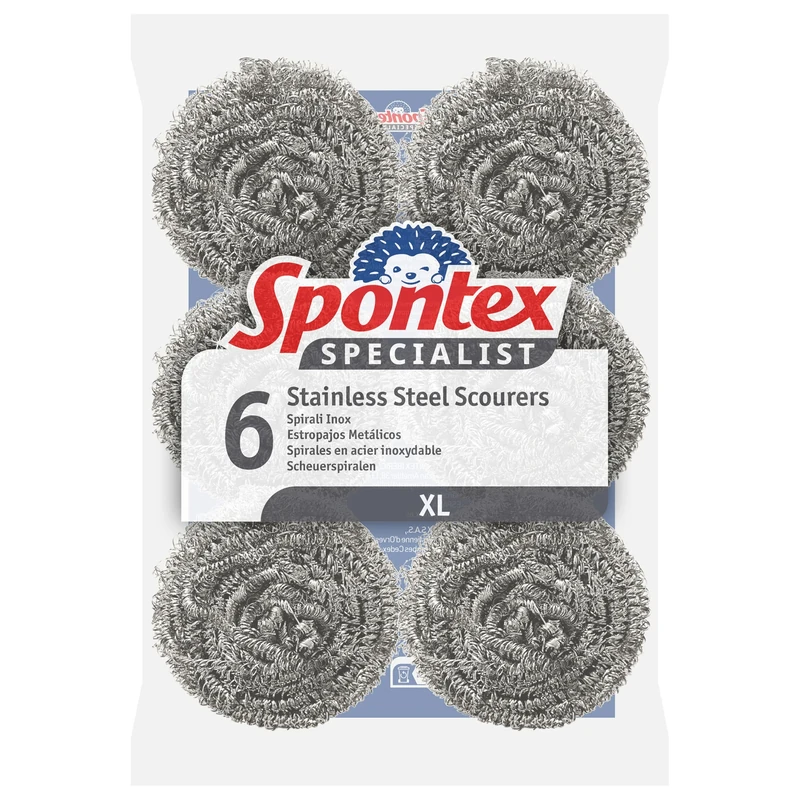 Spontex Specialist Stainless Steel Scourers | XL | Tough Metal Scourers for Professional Washing Up, Grease Removal and Dish Scrubbing | 6 Pack