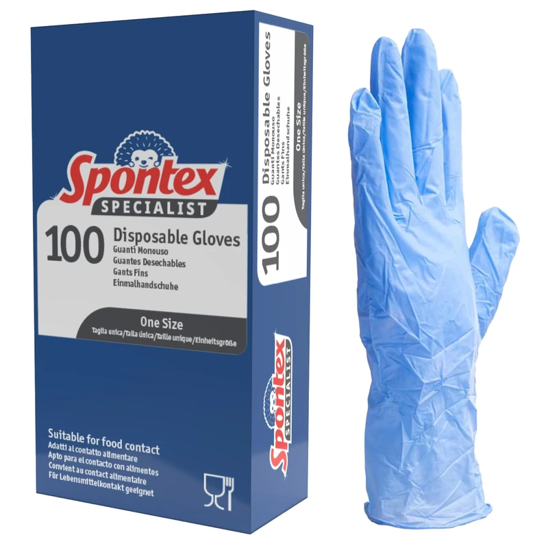 Spontex Specialist Disposable Nitrile Gloves | One Size | Blue | 100% Food Safe | Protects Against Stains & Odours | Latex & Powder-Free | Recyclable | 100 Pack
