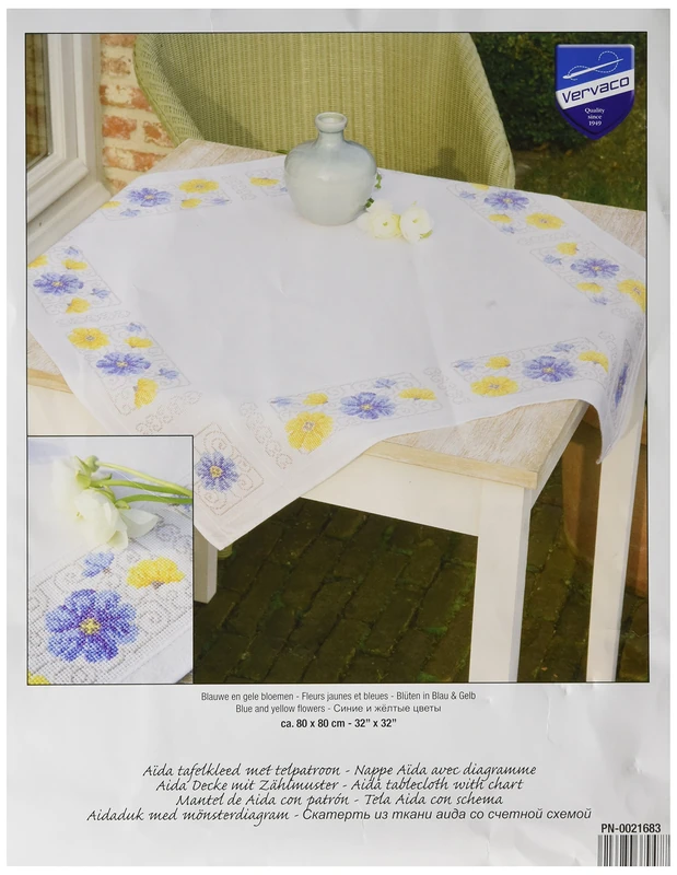 Vervaco "Blue and Yellow Flowers Tablecloth Counted Cross Stitch Kit, 100 Percent Cotton, Multi-Colour