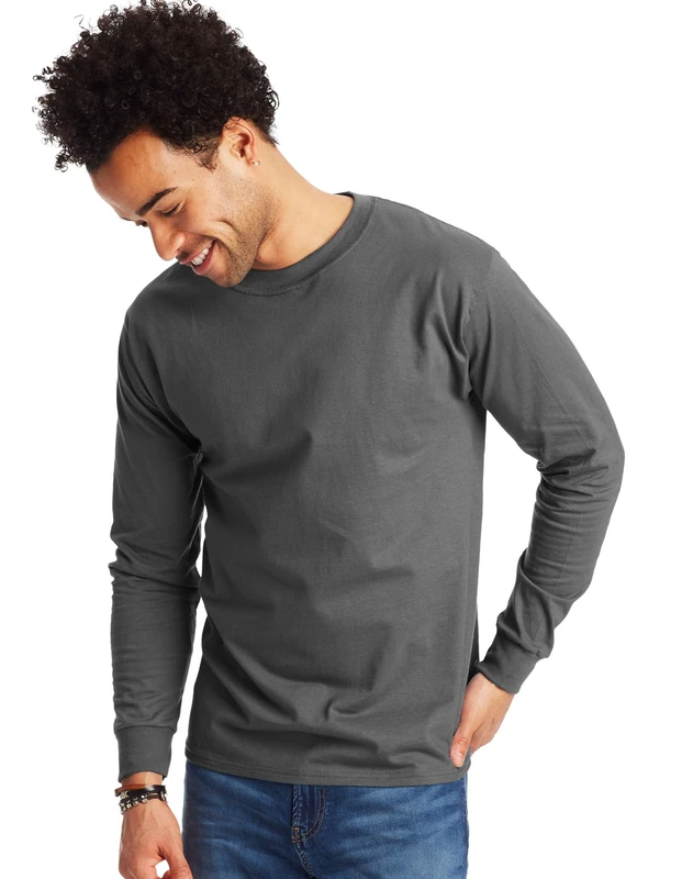 Hanes Men's Long Sleeve Beefy-T Shirt, Smoke Grey, Medium (Pack of 2)