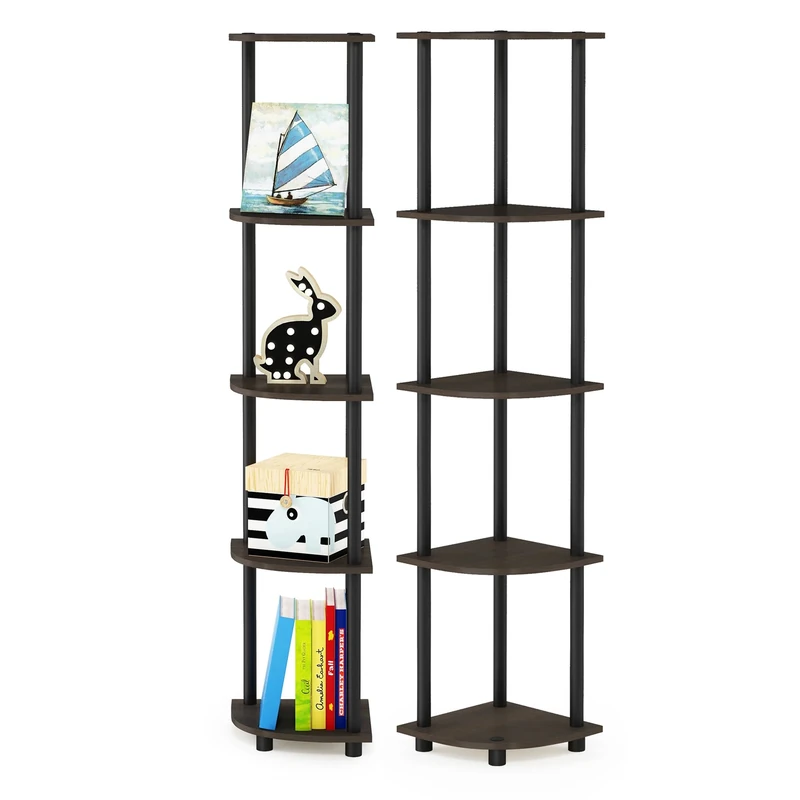 Furinno TURN-N-TUBE Corner Shelf Set of 2, 5-Tier Corner Bookshelf, Open Storage Shelves, for Organization and Storage, Living Room, Home Office, Garage, Dark Brown Grain