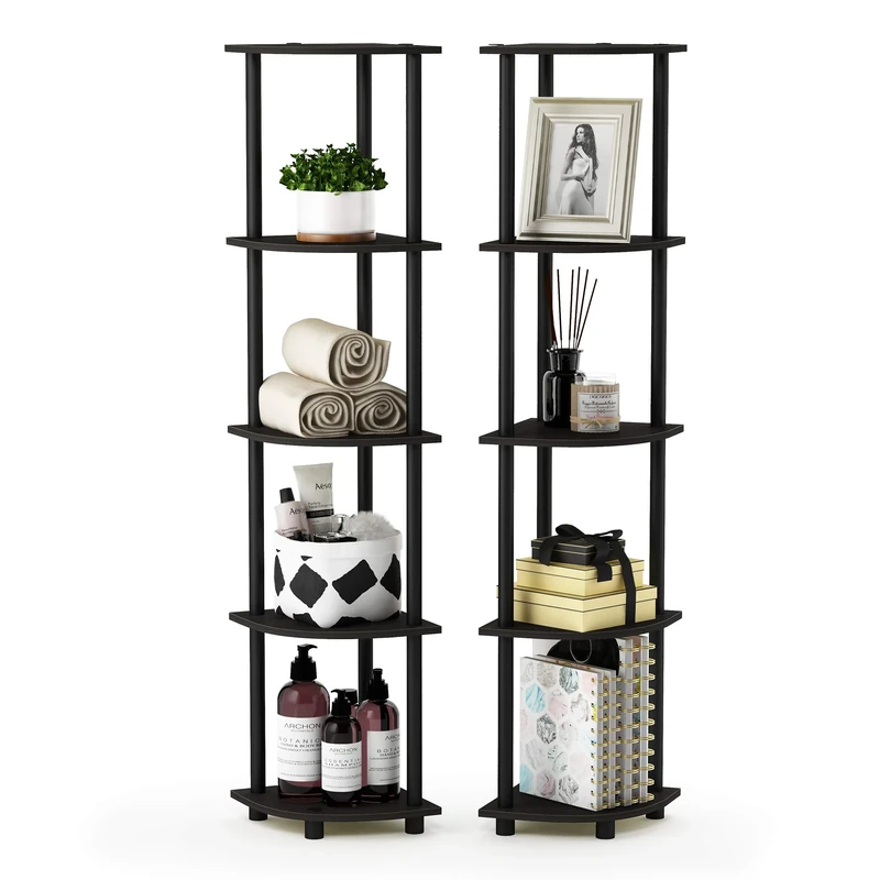 Furinno TURN-N-TUBE Corner Shelf Set of 2, 5-Tier Corner Bookshelf, Open Storage Shelves, for Organization and Storage, Living Room, Home Office, Garage, Espresso