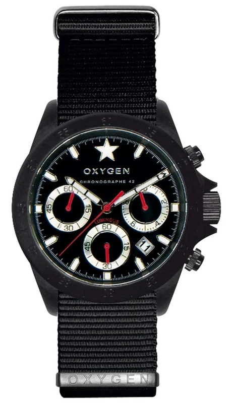 Oxygen Chrono Record 42 Black Mens Quartz Watch with Black Dial Chronograph Display and Black Nylon Strap EX-C-REC-42-NN-BL