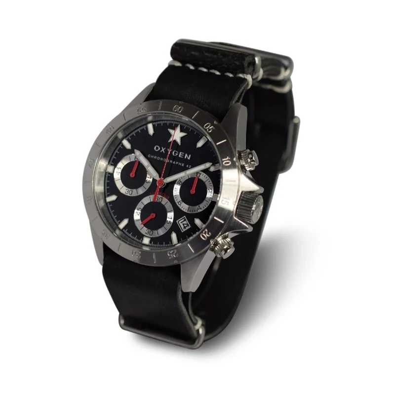 Oxygen Chrono Sprint 42 Mens Quartz Watch with Black Dial Chronograph Display and Black Leather Strap EX-C-SPR-42-NL-BL