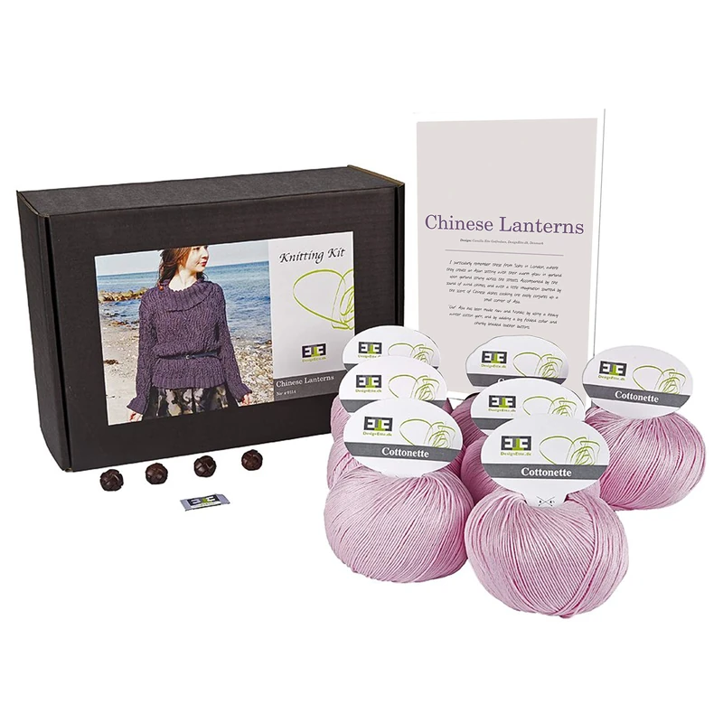 DesignEtte Jumper Chinese Lanterns Knitting Kit 100 Percent Egyptian Cotton Wool Yarn Bowls and Pattern Starter Pack Box 100g≈205m/5ply Light, Baby Pink, XS-S - Image 1