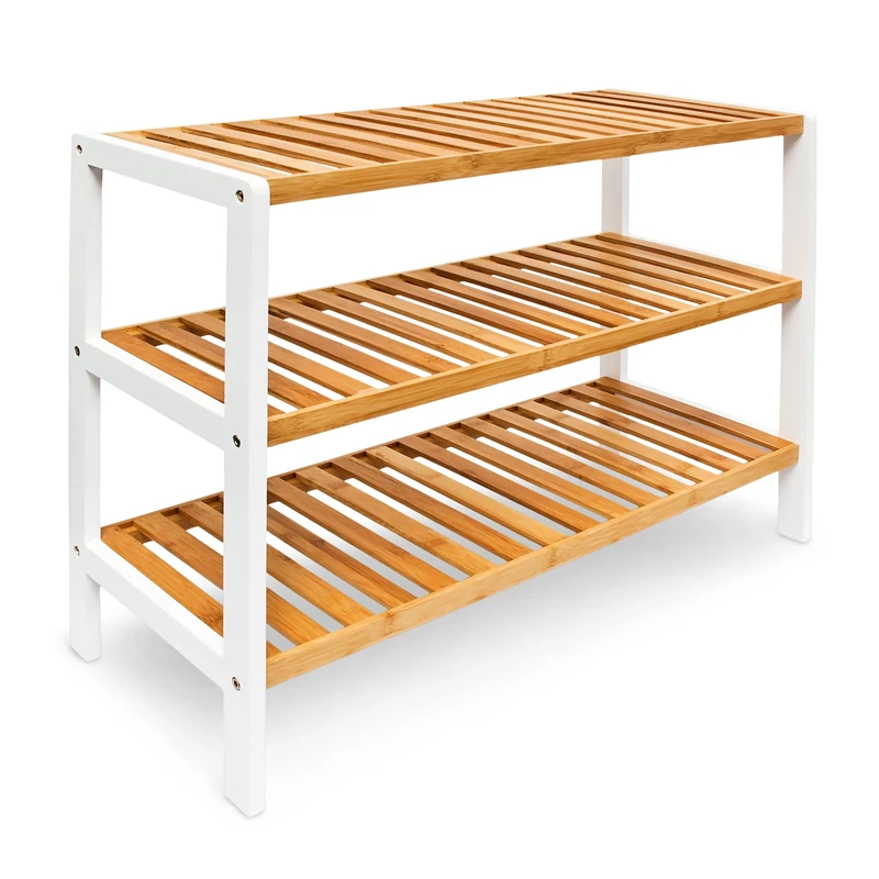 Relaxdays Bamboo Shoe Rack, With 3 Shelves, 70 x 54.5 x 24.5 cm, for 12 Pairs of Shoes, Brown/White