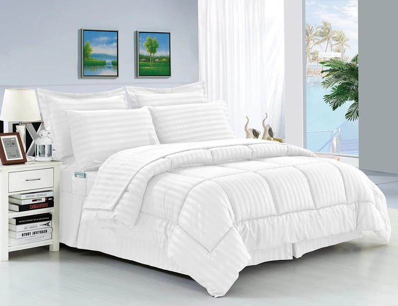 Elegant Comfort Stripe Bed-in-a-Bag 8-Piece Comforter Set, Microfiber, White, King