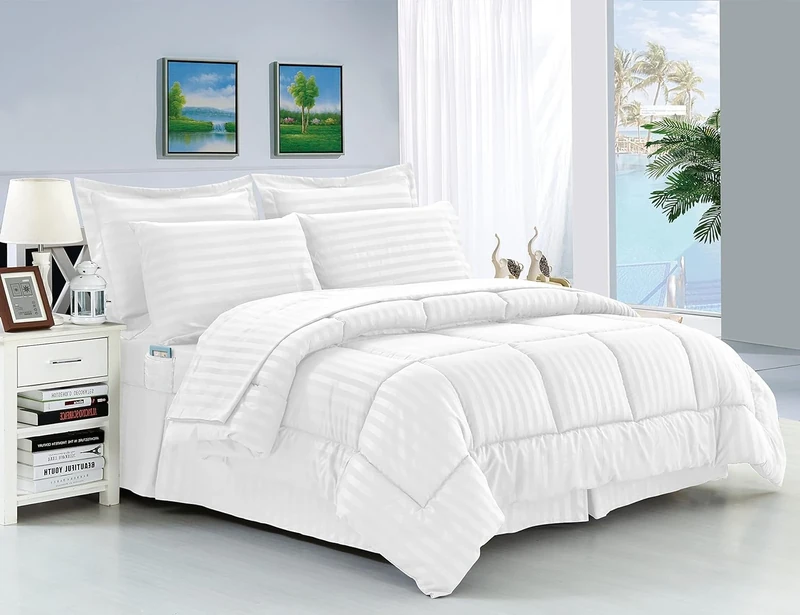 Elegant Comfort Stripe Bed-in-a-Bag 8-Piece Comforter Set, Cotton, White, Queen