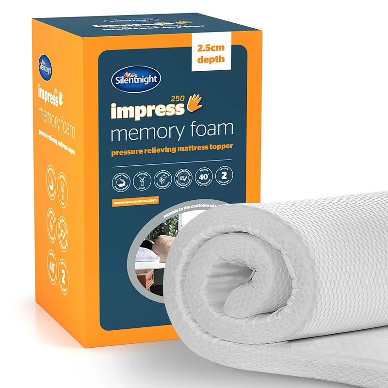 Silentnight Impress Memory Foam Mattress Topper - 2.5cm Deep Luxury Orthopaedic Pressure Relief Hypoallergenic Bed Topper for Back & Neck Pain - Elasticated Straps & Machine Washable Cover, King