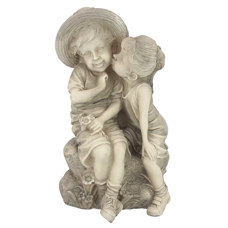 Design Toscano Kissing Kids Boy and Girl Garden Decor Statue, 35.5 cm, Polyresin, Antique Stone
