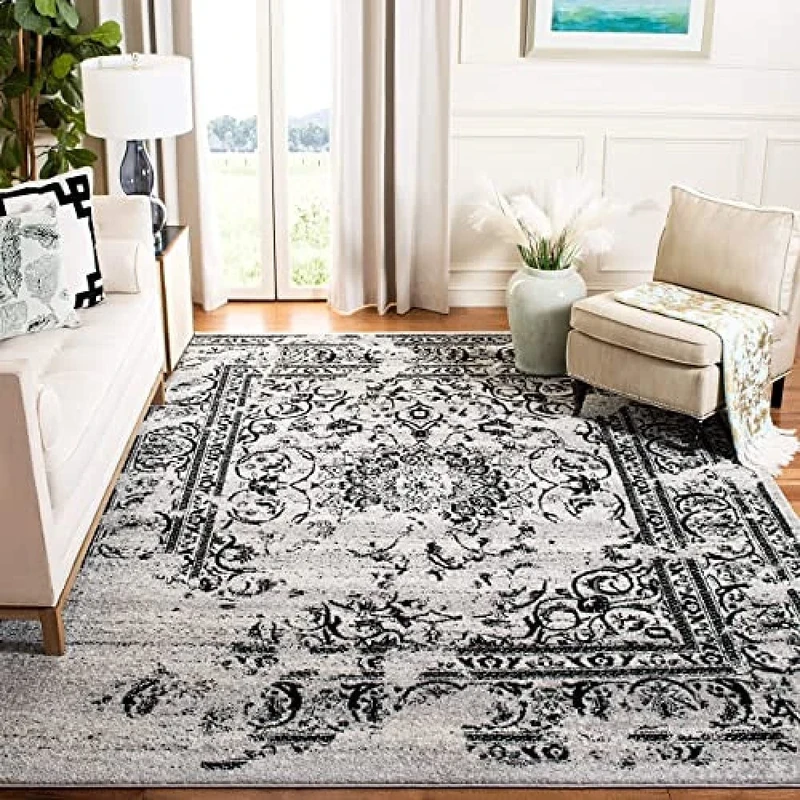 Safavieh Distressed Indoor Woven Rectangle Area Rug, Adirondack Collection, ADR101, in Silver / Black, 91 X 152 cm for Living Room, Bedroom or Any Indoor Space