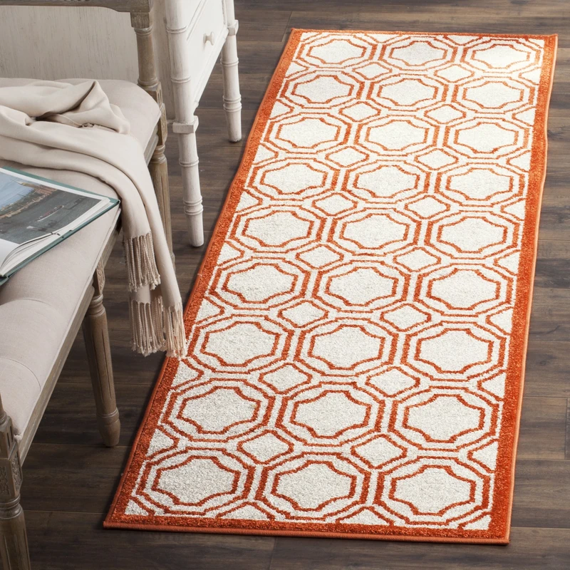 Safavieh Geometric Indoor/Outdoor Woven Runner Area Rug, Amherst Collection, AMT411, in Ivory / Orange, 69 X 213 cm for Garden, Patio or Any Outdoor Space