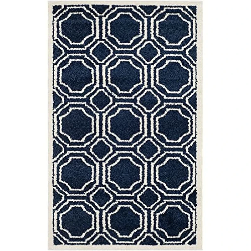 Safavieh Geometric Indoor/Outdoor Woven Rectangle Area Rug, Amherst Collection, AMT411, in Navy / Ivory, 76 X 122 cm for Garden, Patio or Any Outdoor Space
