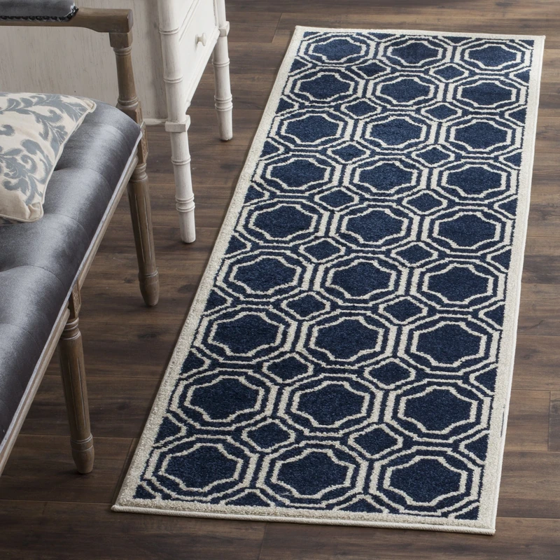 Safavieh Geometric Indoor/Outdoor Woven Runner Area Rug, Amherst Collection, AMT411, in Navy / Ivory, 69 X 213 cm for Garden, Patio or Any Outdoor Space