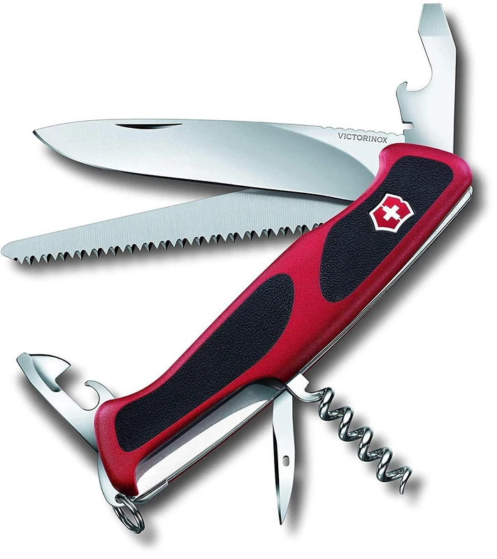 Victorinox Ranger Grip 55 Swiss Army Knife, Large, Multi Tool, 12 Functions, Locking Blade, Wood Saw, Red/Black