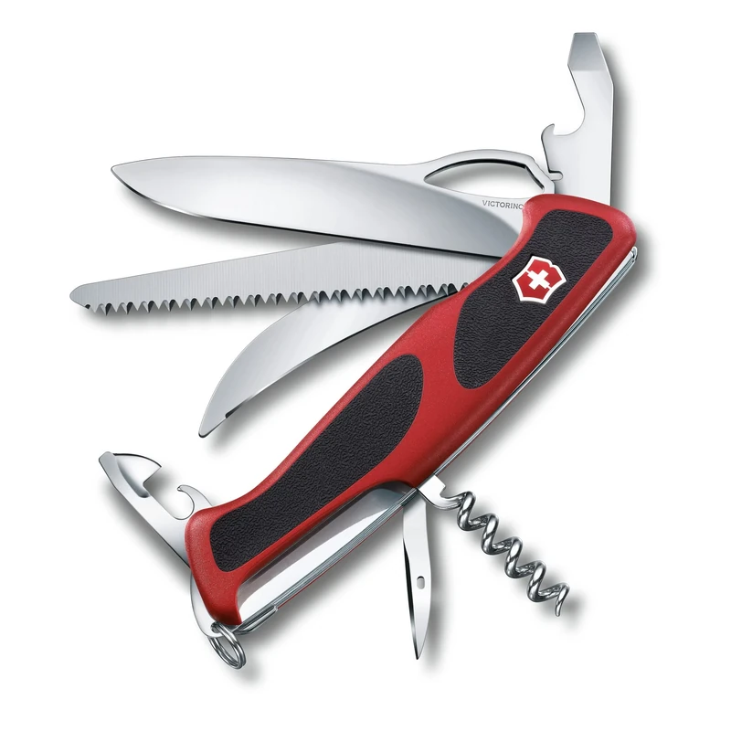 Victorinox Ranger Grip 57 Swiss Army Knife, Large, Multi Tool, 13 Functions, Locking Blade, One Hand, Red/Black