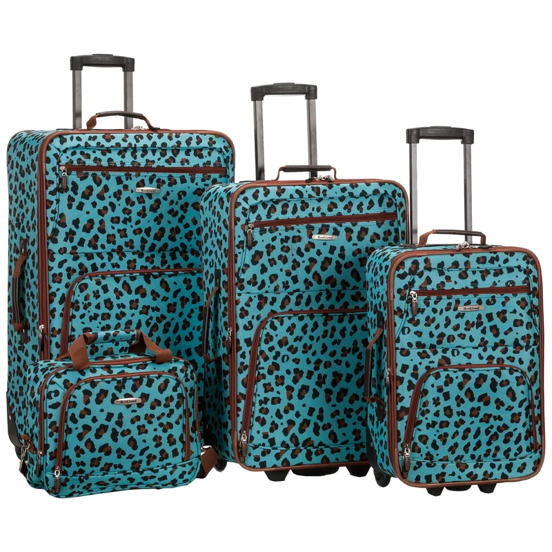 Rockland Jungle Softside Upright Luggage Set, Blue Leopard, 4-Piece Set (14/29/24/28), Jungle Softside Upright Luggage Set